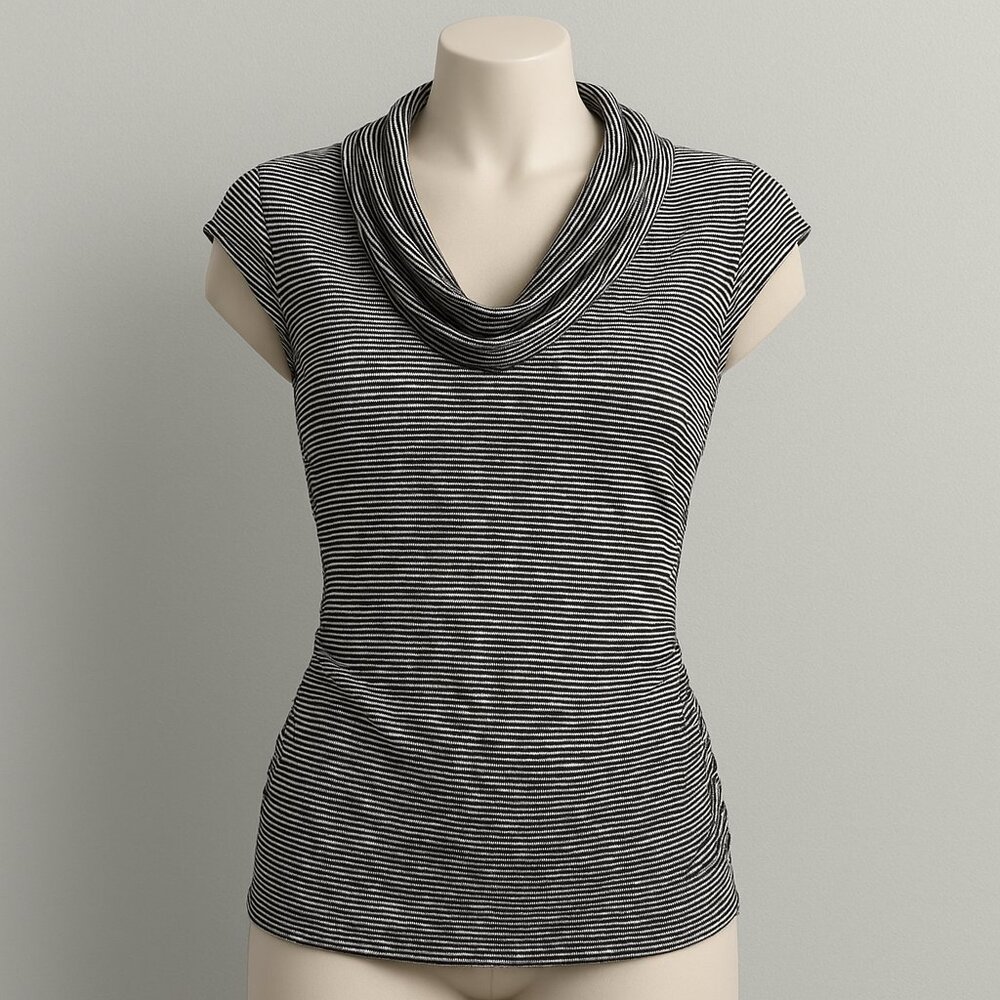 BCX Black White Striped Cowl‎ Neck Ruched Top